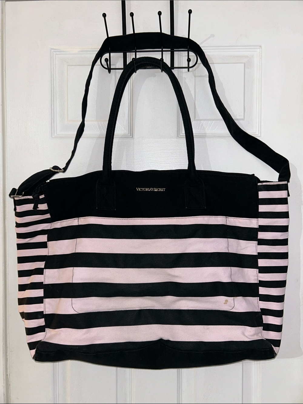 Victoria's Secret Black and Pink Striped Canvas Tote- tiny bit of wear but great